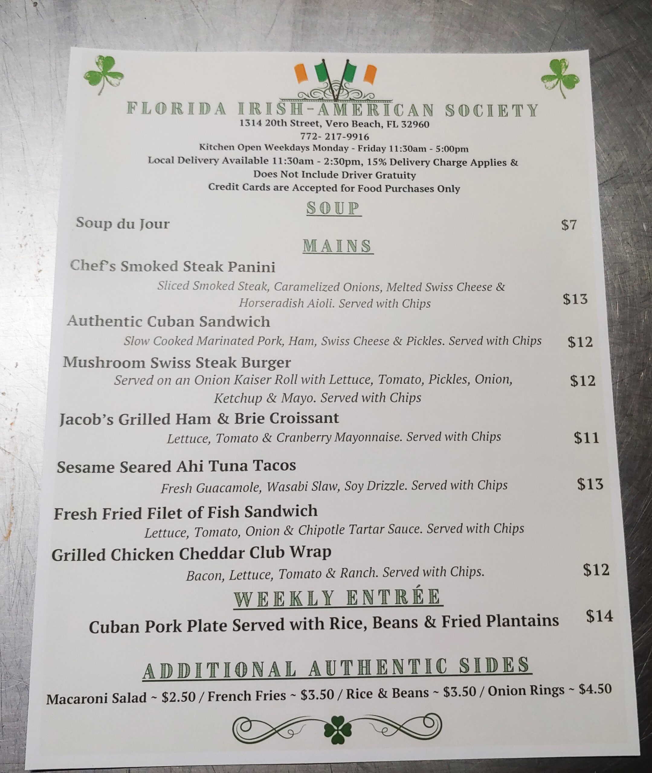 Florida Irish American Society Special Menu